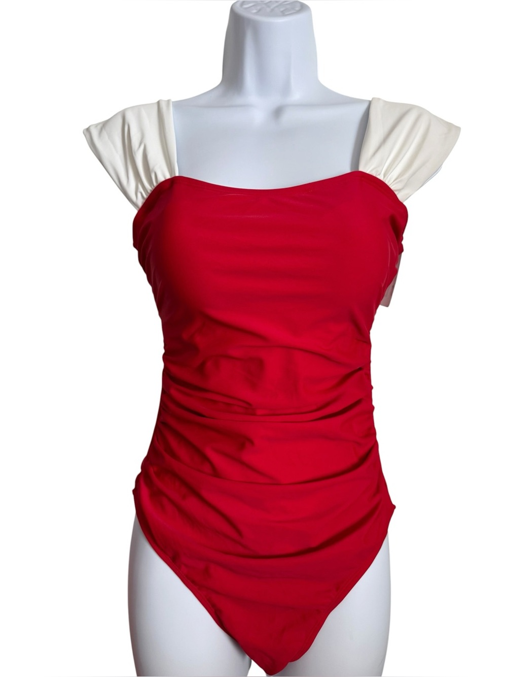 Red One-Piece Swimsuit with Cream Cap Sleeves